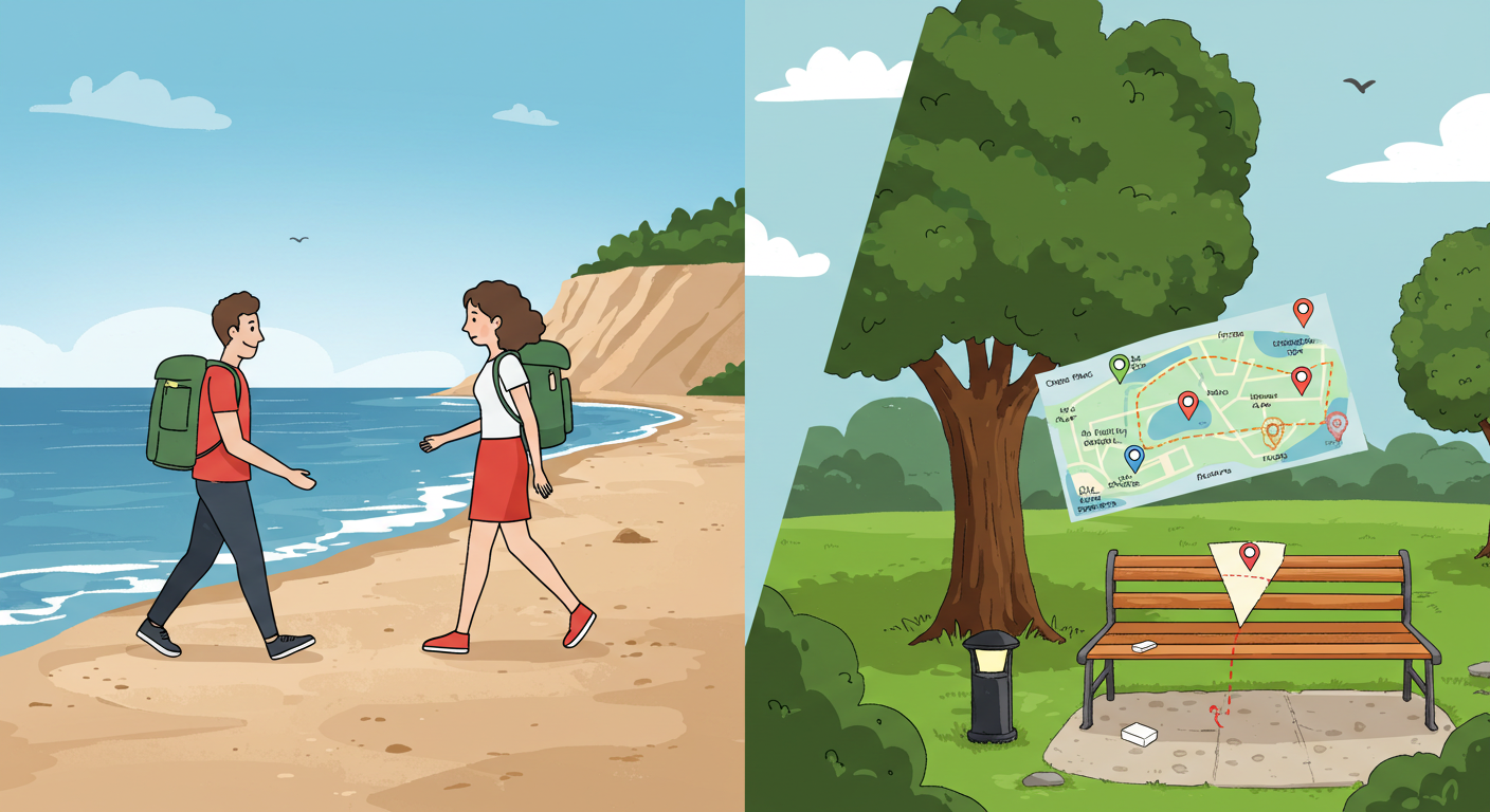 걷기 편한 풍경과 쉬는 시간 중심 여행 플랜을 나타낸 일러스트