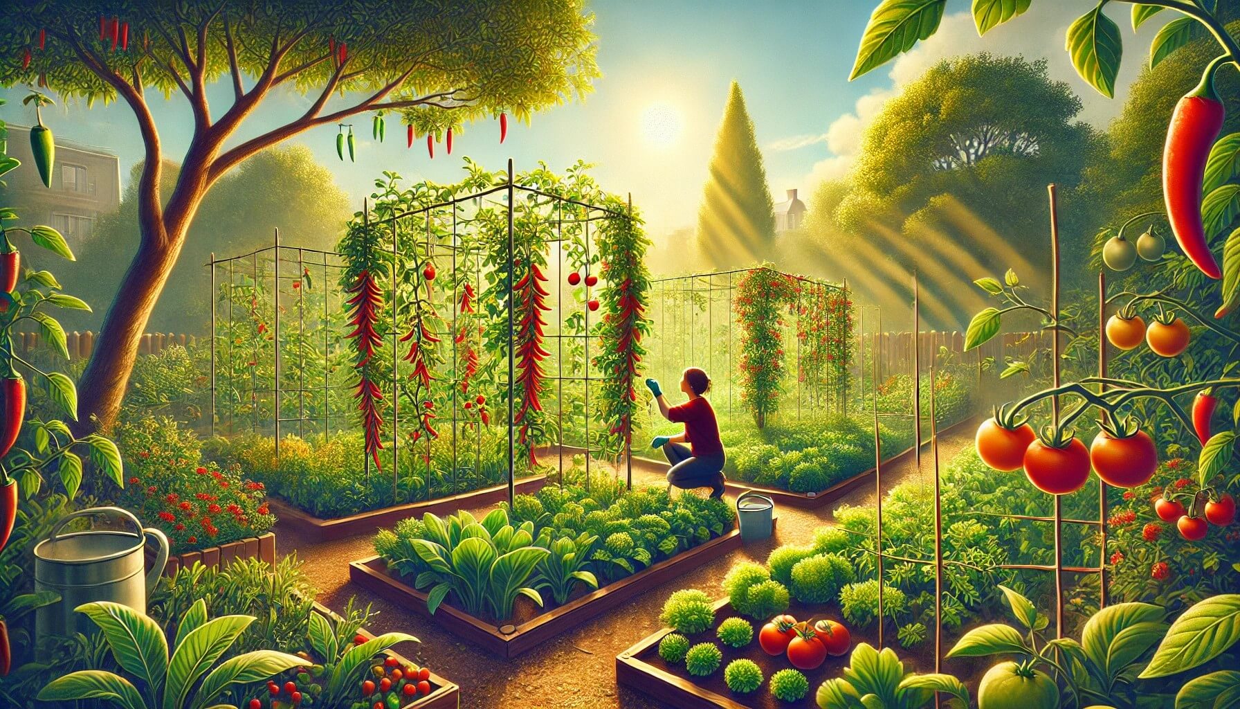 봄부터 가을까지 장기간 수확이 가능한 고추, 방울토마토, 쌈채소 등을 재배하는 도시 텃밭/주말농장 장면