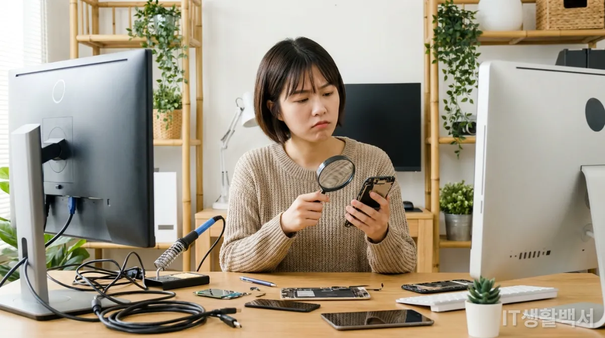홈 오피스에서 친환경 IT 기기의 환경 영향에 대해 고민하는 한국인 직장인