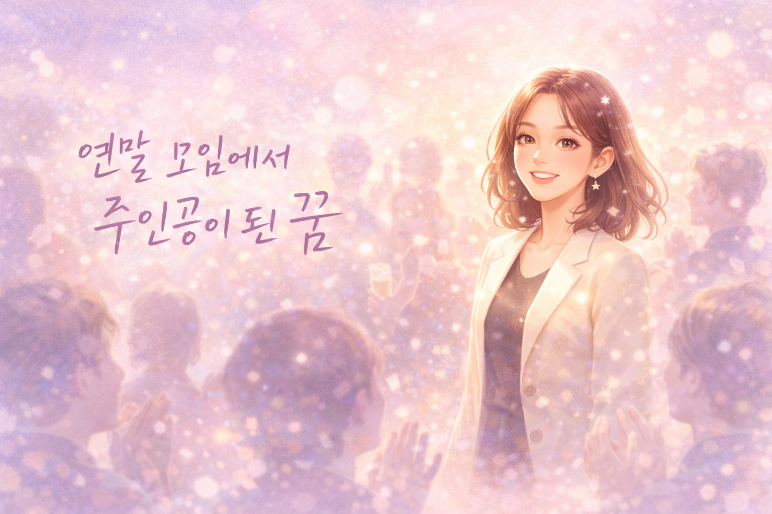 몽환적인 파스텔톤 공간에서 사람들 사이에 자연스럽게 중심이 된 인물을 그린 연말 꿈 장면