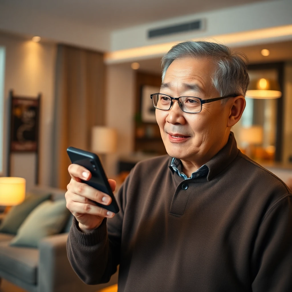 남성 시니어가 스마트폰을 보고 있다