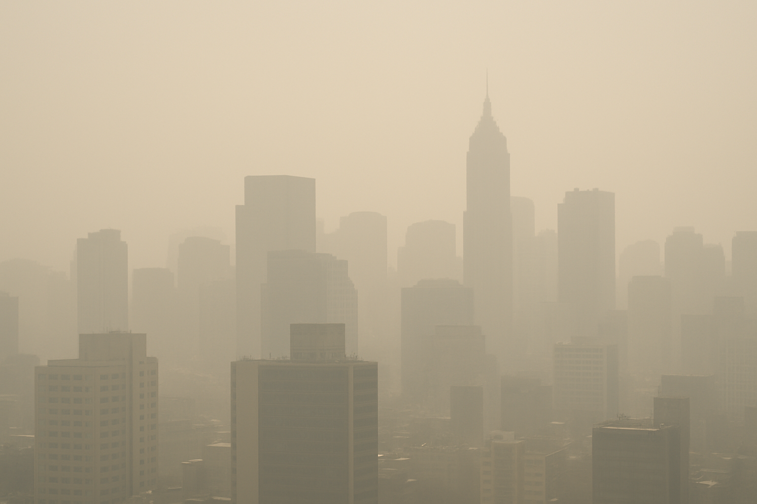 미세먼지로 뿌옇게 변한 도시의 모습 : 미세먼지로 인한 폐렴 발생률 증가