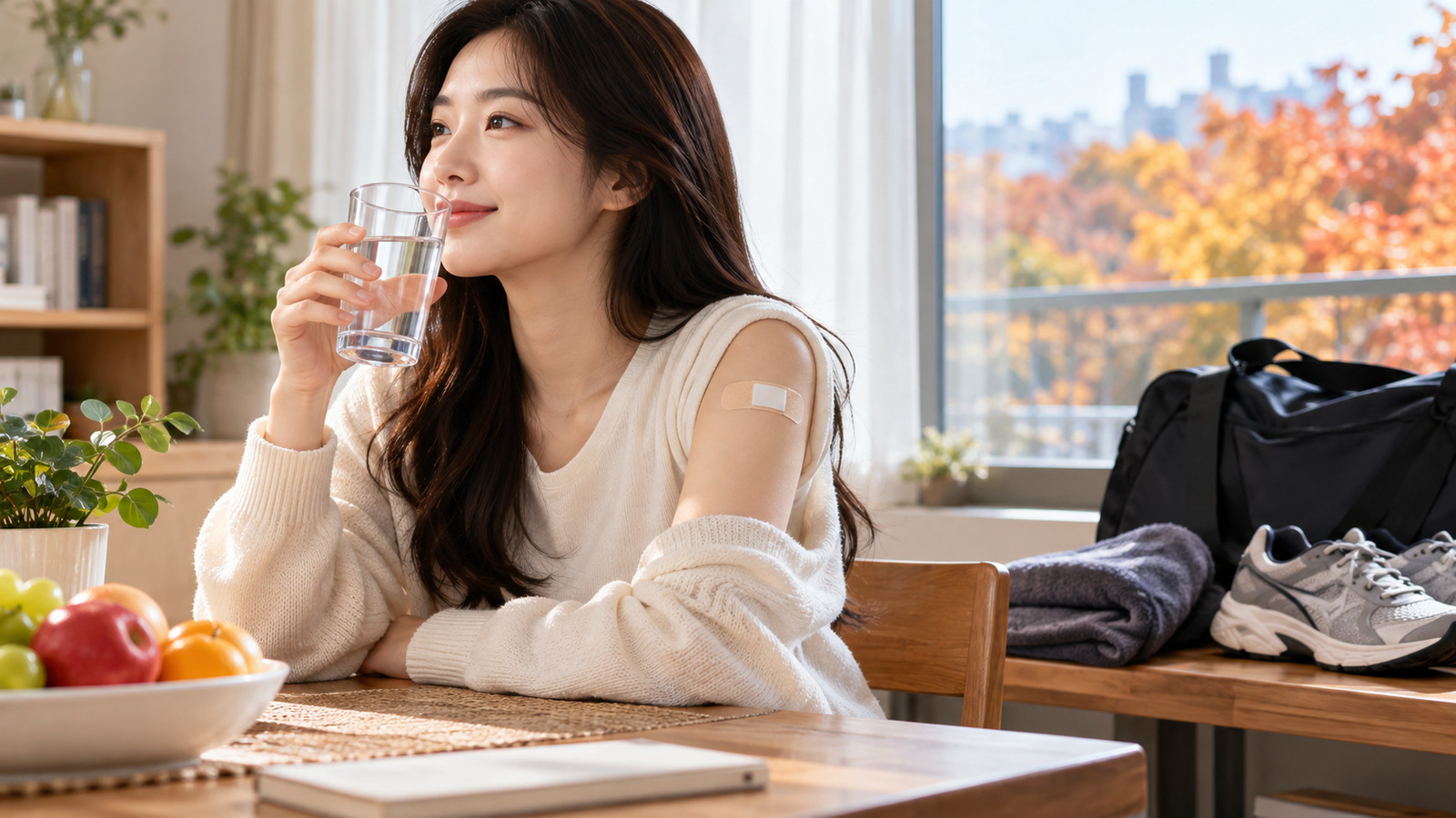 접종 부위에 밴드를 붙인 여성이 운동화와 운동 가방을 곁에 두고 집에서 물을 마시며 쉬는 장면