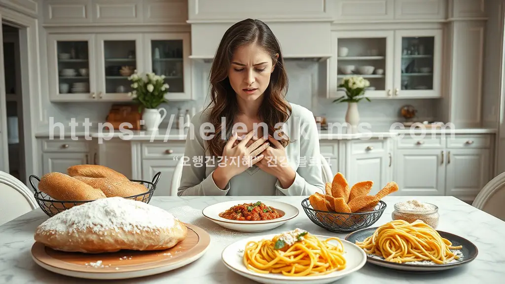 한 여성이 밀가루 음식을 앞에 놓고 속이 불편함을 느끼는 모습.