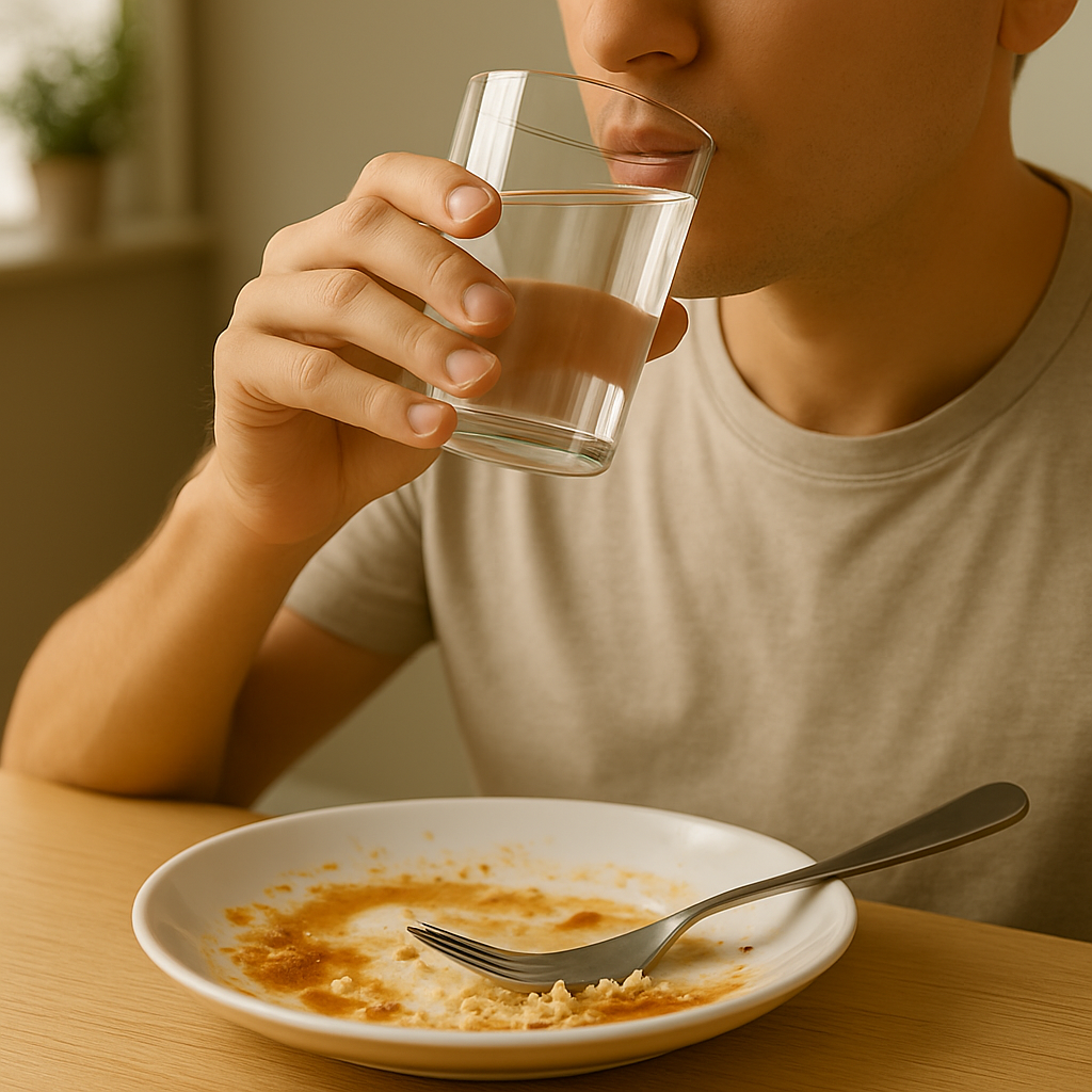 식사를 마친 남성이 나무 테이블 앞에서 물을 마시는 모습. 접시에는 식사 흔적이 남아 있고, 부드러운 자연광이 비치는 실내 장면