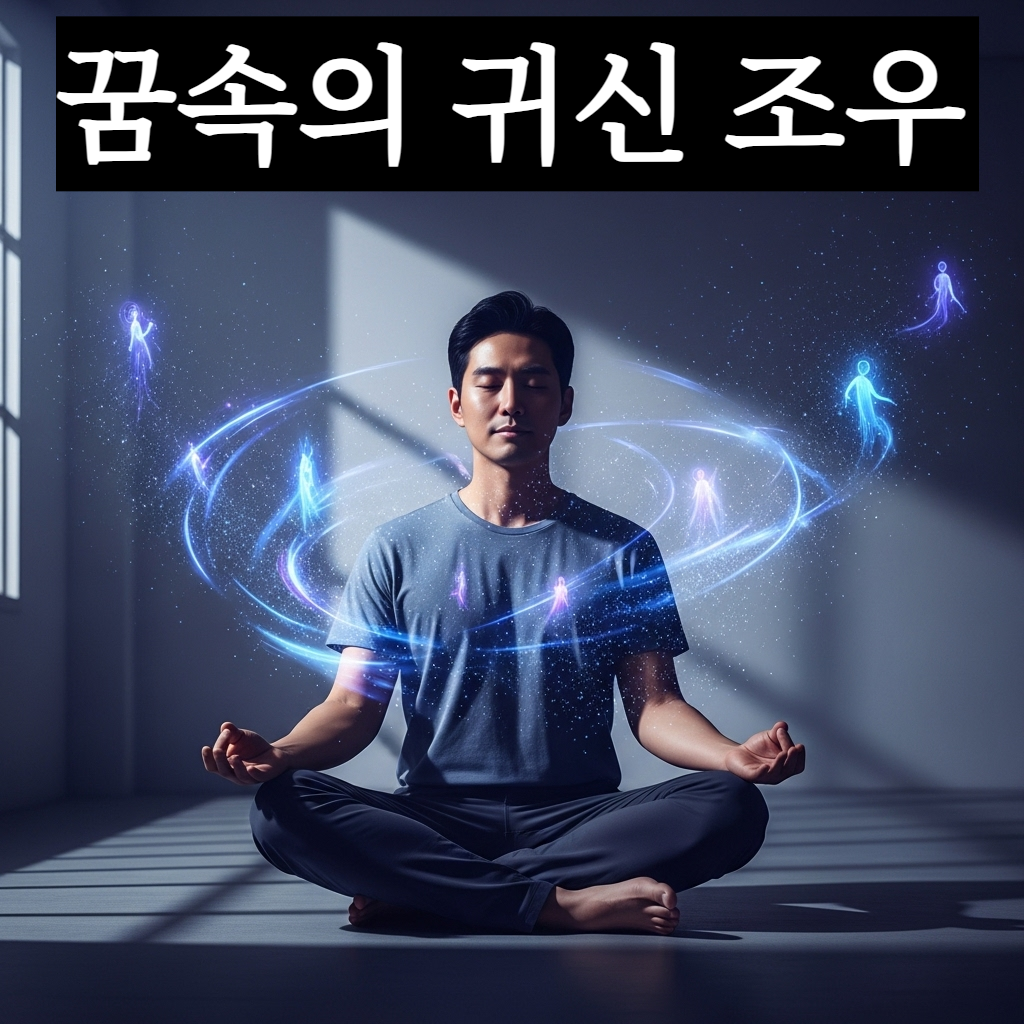 어두운 방 안에서 신비로운 푸른 빛망울이 감도는 가운데 자신의 내면을 응시하며 평온을 되찾기 위해 명상하고 있는 현대적인 한국인 남성의 모습