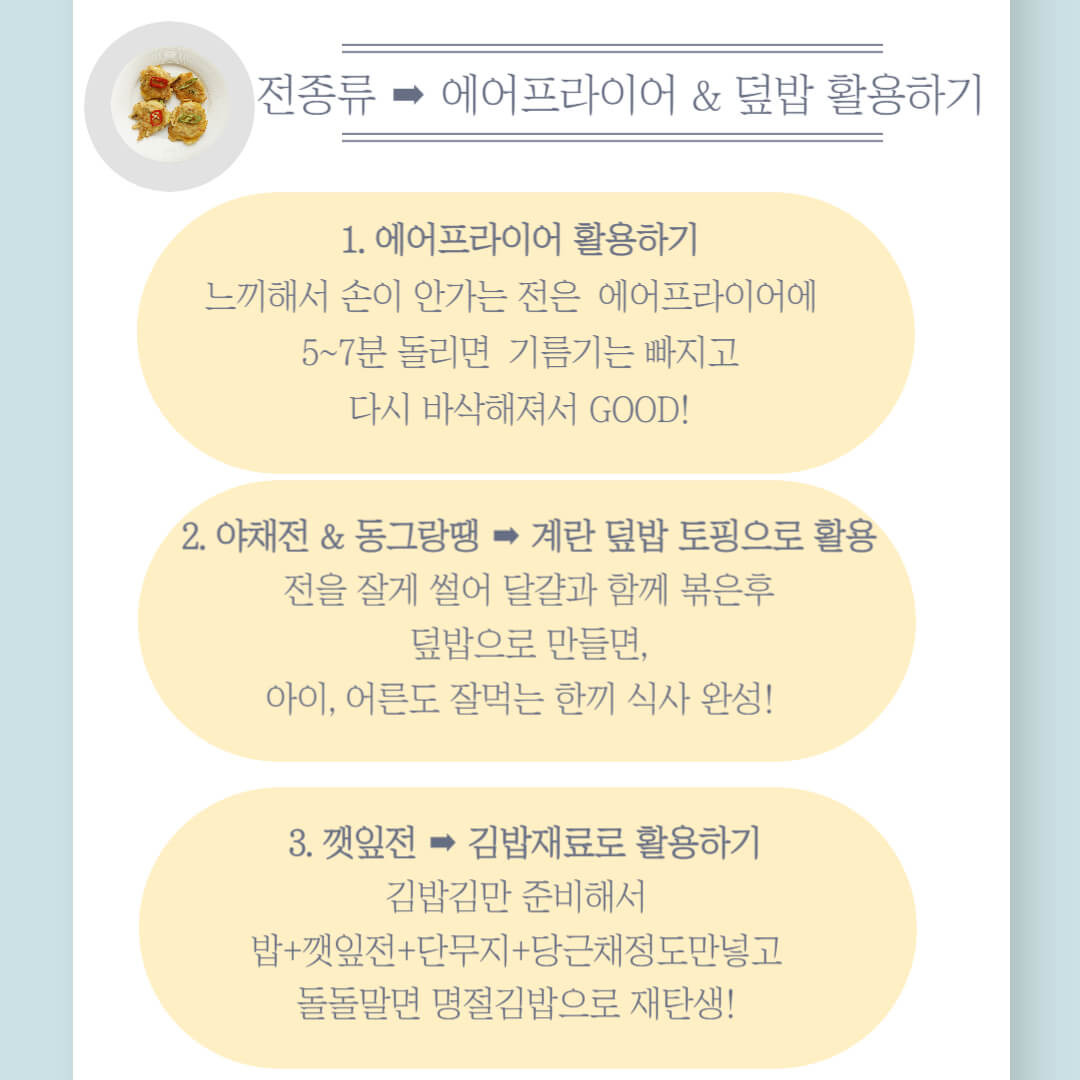 추석에 남은 전 활용법 카드 이미지. 에어프라이어로 바삭하게 만들기, 계란 덮밥 재활용, 깻잎전으로 김밥 만들기 등 재활용 아이디어