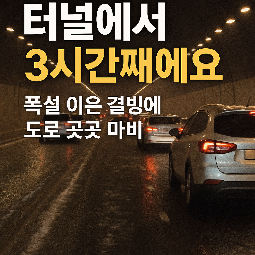 “결빙된 터널 내부에서 차량 수백 대가 완전히 정체된 상황을 보여주는 뉴스형 썸네일 이미지”