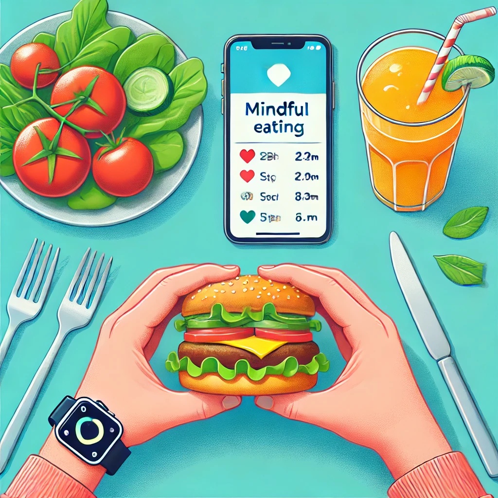 햄버거를 먹으며 건강 관리하는 모습