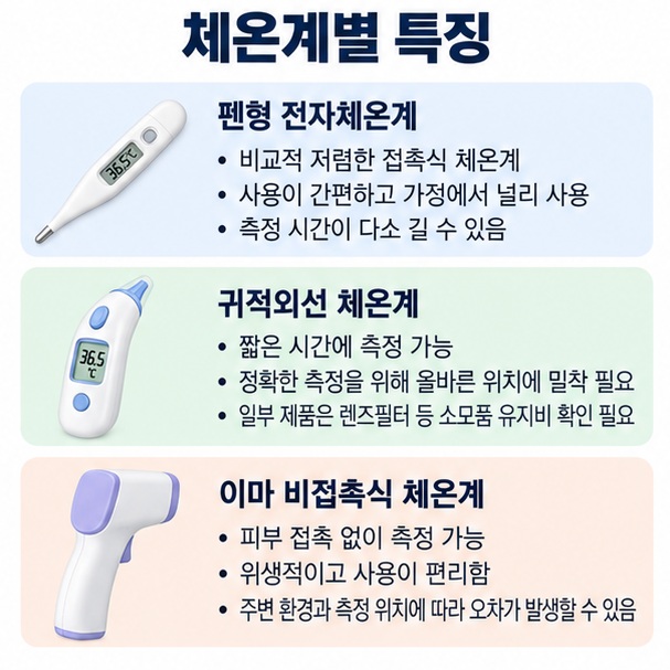 귀체온계와 비접촉식 체온계, 펜형 전자체온계의 측정 부위와 장단점, 렌즈필터 등 유지비 차이를 설명한 이미지