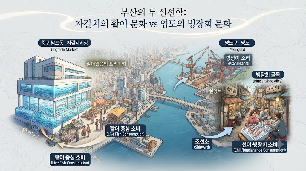 부산의 이중적 문화를 시각화한 지정학적 일러스트입니다. 부산항을 중심으로 왼쪽(중구 남포동)의 자갈치시장은 거대한 현대식 건물과 1층 수조에서 활어가 넘쳐나는 활기찬 낮 풍경을, 오른쪽(영도구)의 영도는 조선소 깡깡이 소리가 들리는 듯한 거친 항구 풍경과 그 뒤로 숨겨진 허름하지만 정겨운 빙장회 골목을 대조적으로 표현했습니다. 두 시장이 가진 역사적 배경과 소비 문화의 차이를 한눈에 보여줍니다. (지정학적 일러스트)