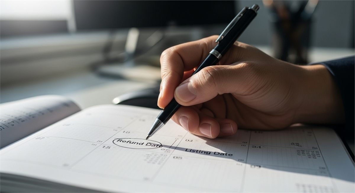 환불일과 상장일을 일정표에서 확인하는 장면 