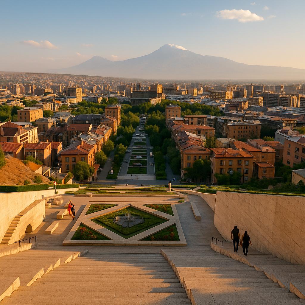 예레반 카스케이드에서 바라본 아라랏산과 도시 전경, 황금빛 노을에 물든 계단과 주변 건물들의 풍경.