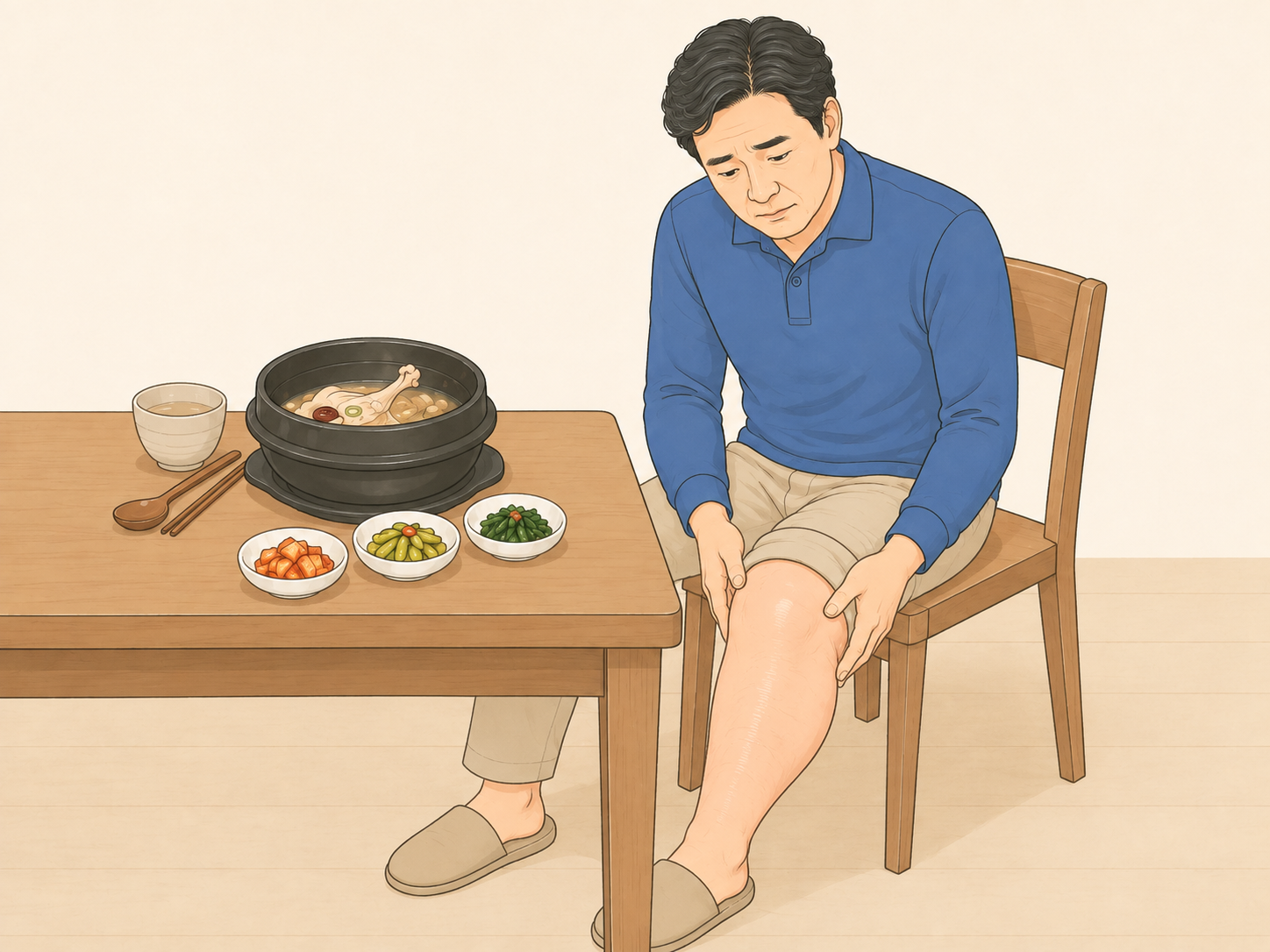 삼계탕을 먹고 다리가 붓는 느낌이 들어 걱정하는 중년