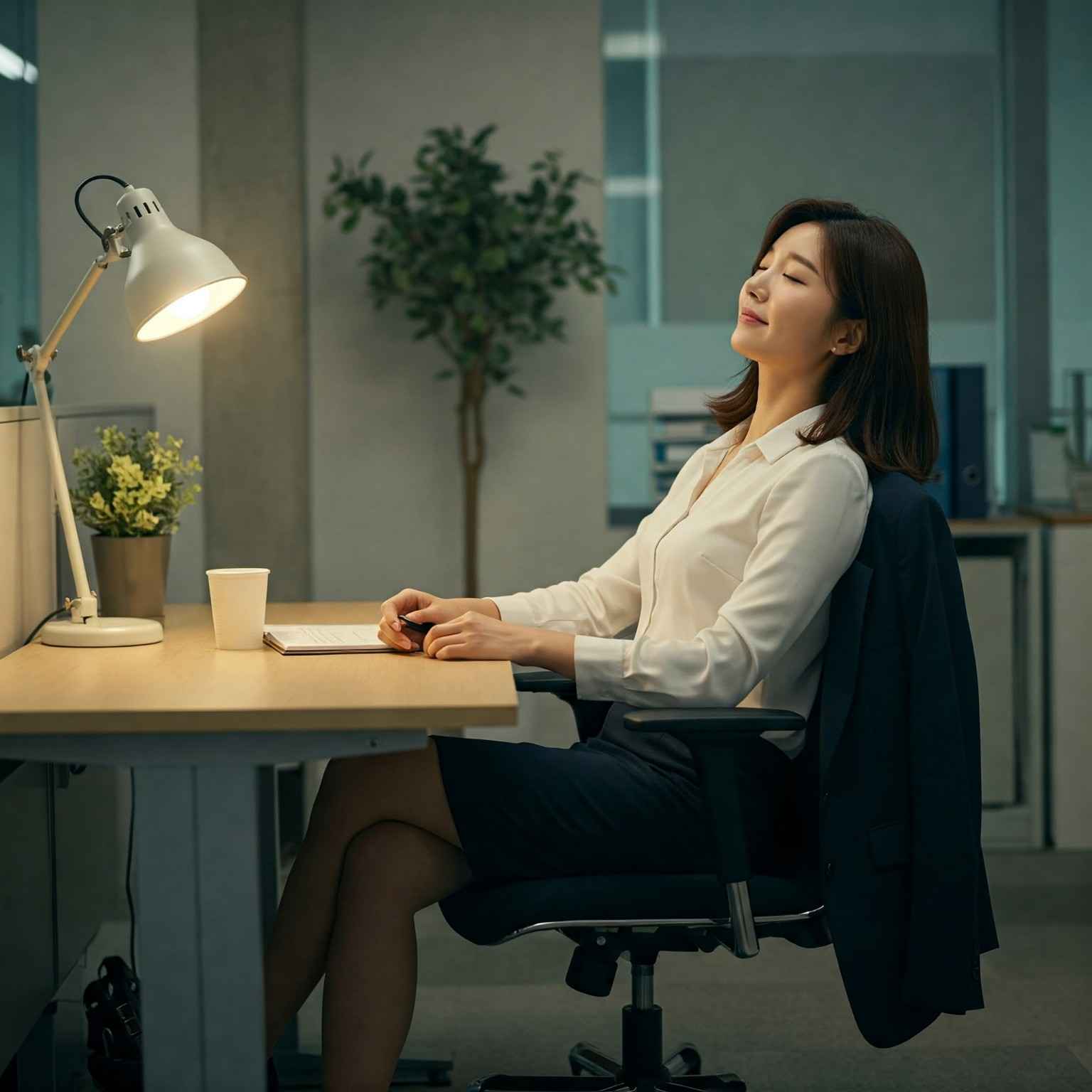 사무실 책상에 앉아 눈을 감고 명상하는 여성 직장인 – 감정 안정과 힐링을 위한 짧은 휴식