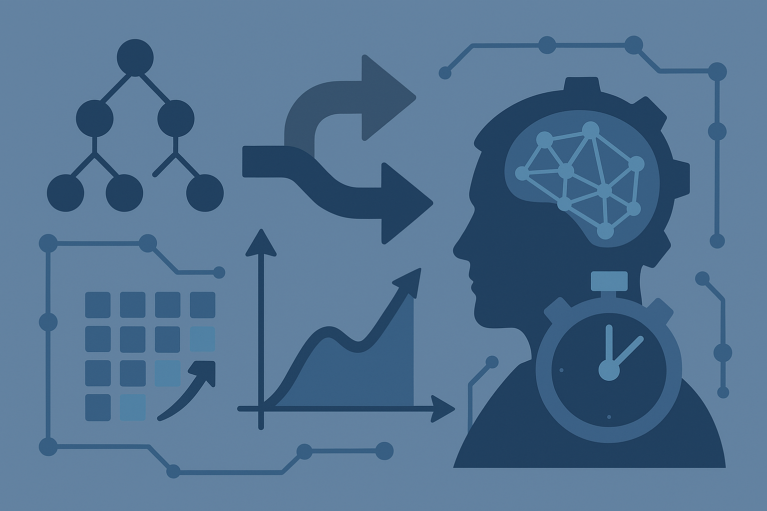 시간복잡도와 선택 흐름이 구조적으로 연결된 알고리즘 최적화 상징 일러스트