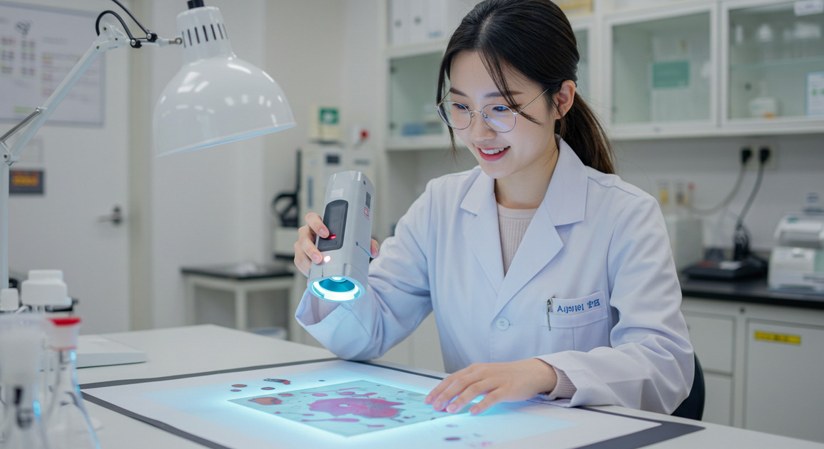 3D 스캐너 혈흔 분석하는 여성 이미지