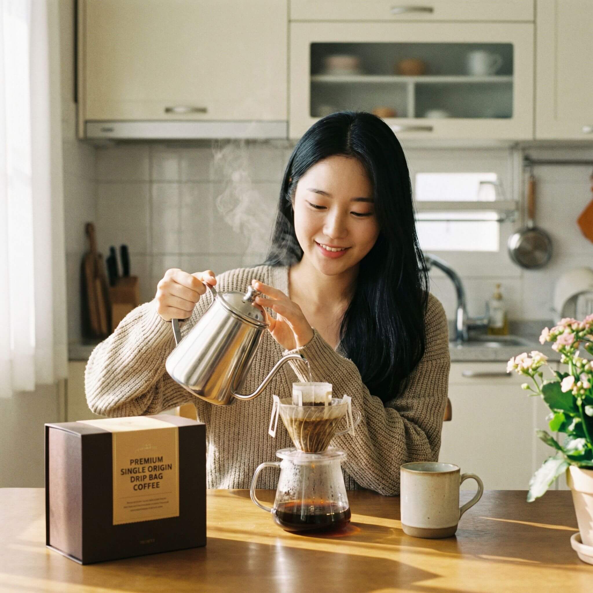 드립백 커피를 만들고있는 여자