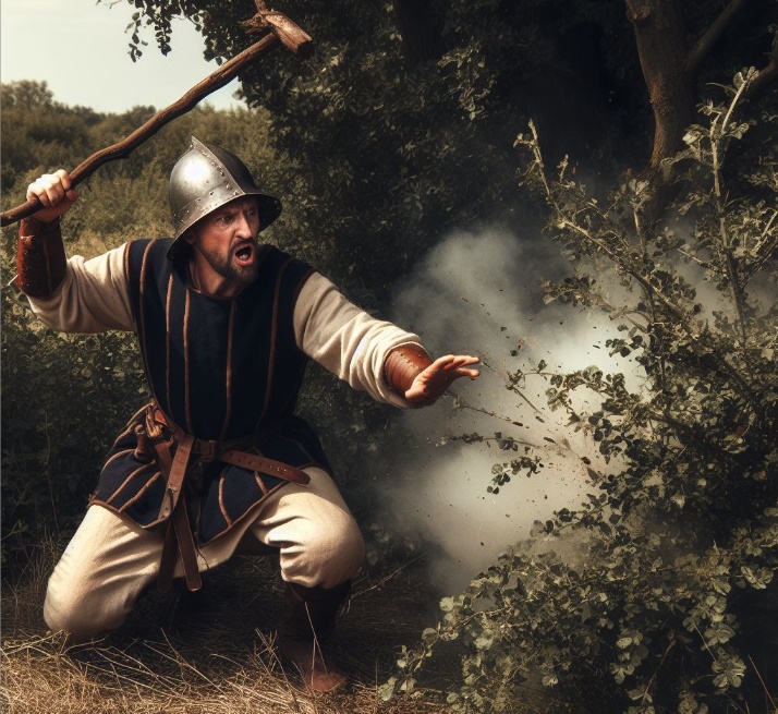 덤불을 막대기로 치는 중세시대의 남성(made by Bing)