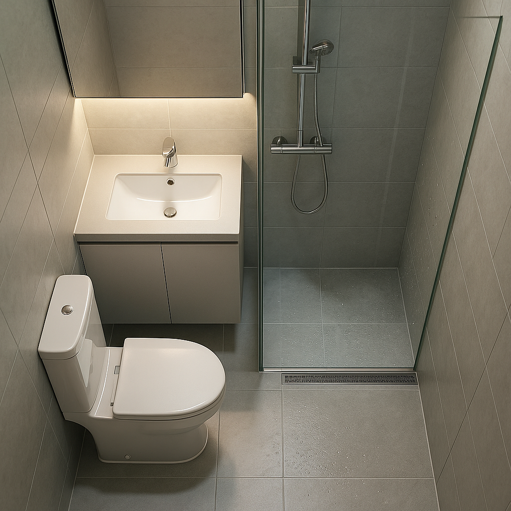 하이앵글로 본 소형 욕실&mdash;우측 웨트존(샤워&middot;트렌치 배수)과 좌측 드라이존(세면대&middot;변기) 동선이 명확히 분리됨.