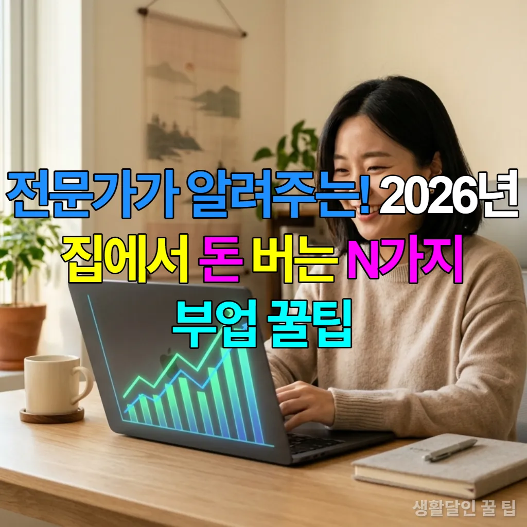 2026년 집에서 부업으로 성공한 젊은 한국 여성이 노트북을 보며 웃고 있는 모습