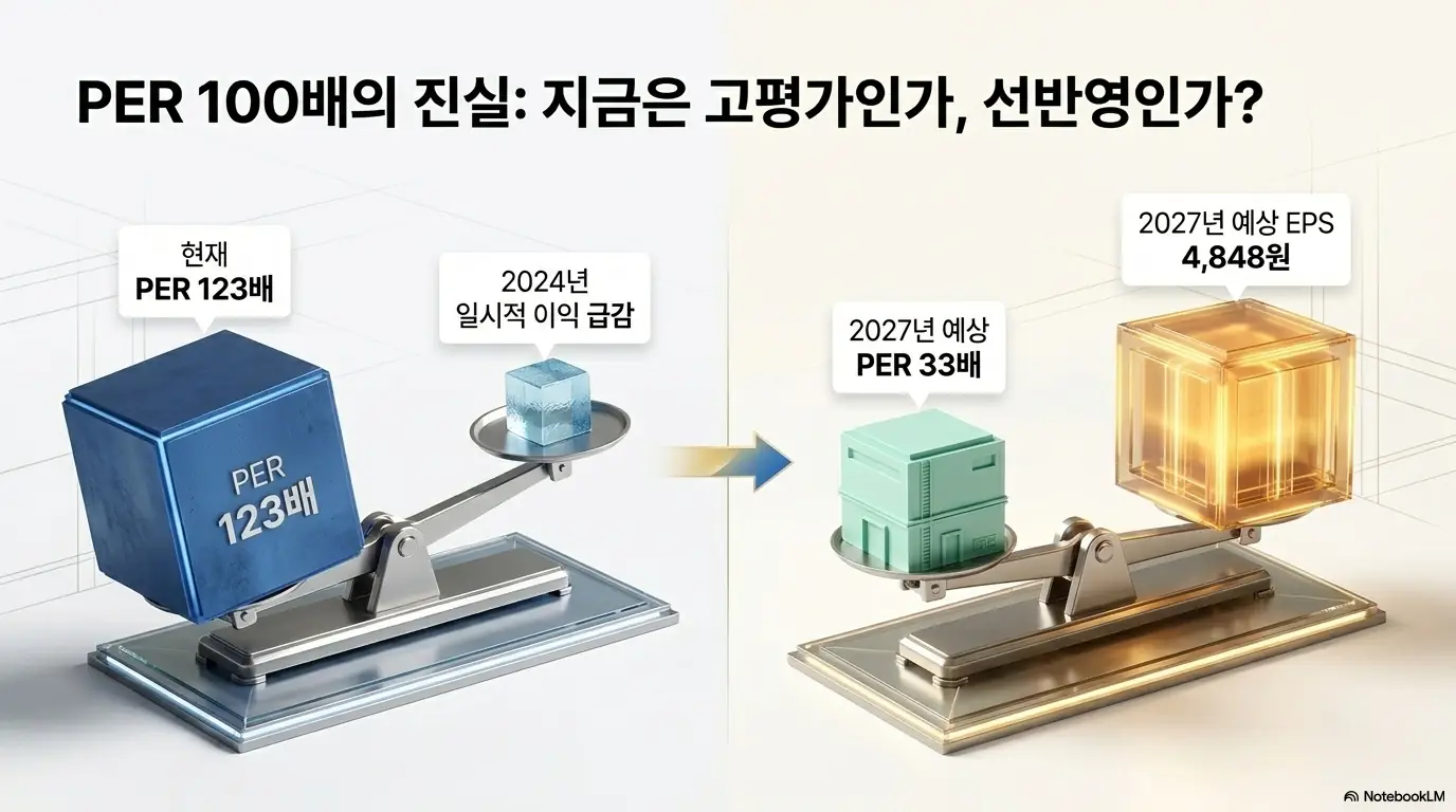 기가비스 주가 전망: 기가비스 PER 밸류에이션을 저울로 표현한 이미지. 현재 PER 123배가 2024년 일시적 이익 급감 탓에 높게 보이지만, 2027년 예상 EPS 4,848원 기준으로는 PER 약 33배까지 낮아지는 구조를 비교합니다. 고평가인지 선반영인지의 관점을 설명합니다.