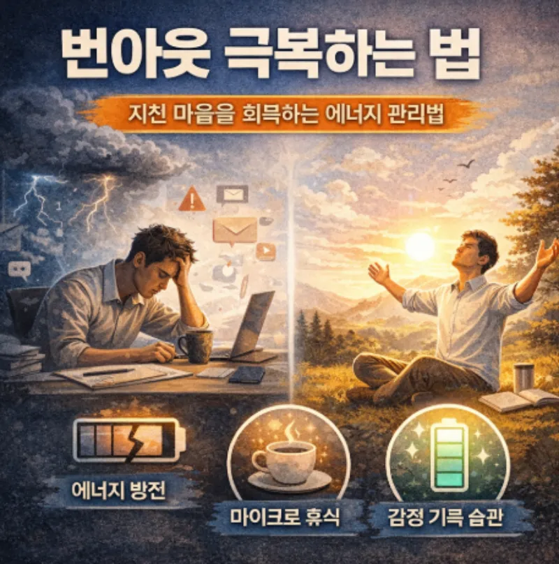 번아웃 증후군으로 지친 사람이 휴식과 에너지 관리를 통해 회복하는 과정을 보여주는 이미지