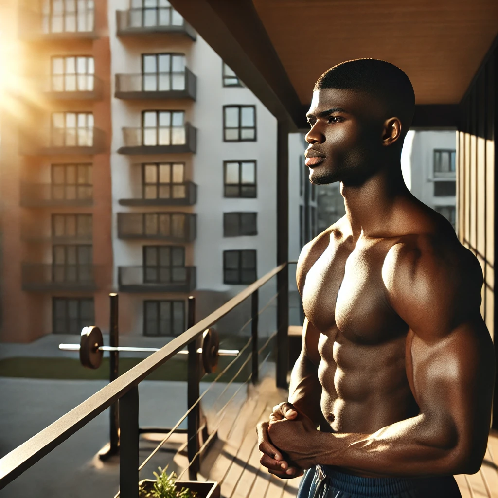 "근육질의 정력 0.01% 흑인 남성이 아침 일찍 일어나 일광욕을 하며 테스토스테론을 높이는 루틴을 실천하는 모습. 자연광을 받고, 헬스장에서 중량 운동을 하며 남성 호르몬과 성 건강을 강화하는 생활 습관을 유지하는 장면"