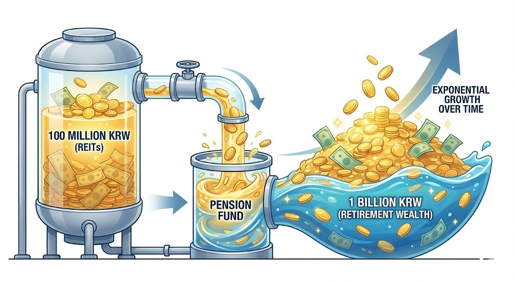 1억 원(리츠)에서 나온 배당금 물줄기가 연금 저수지(S&P500)로 흘러들어가 거대한 호수(10억)가 되는 인포그래픽