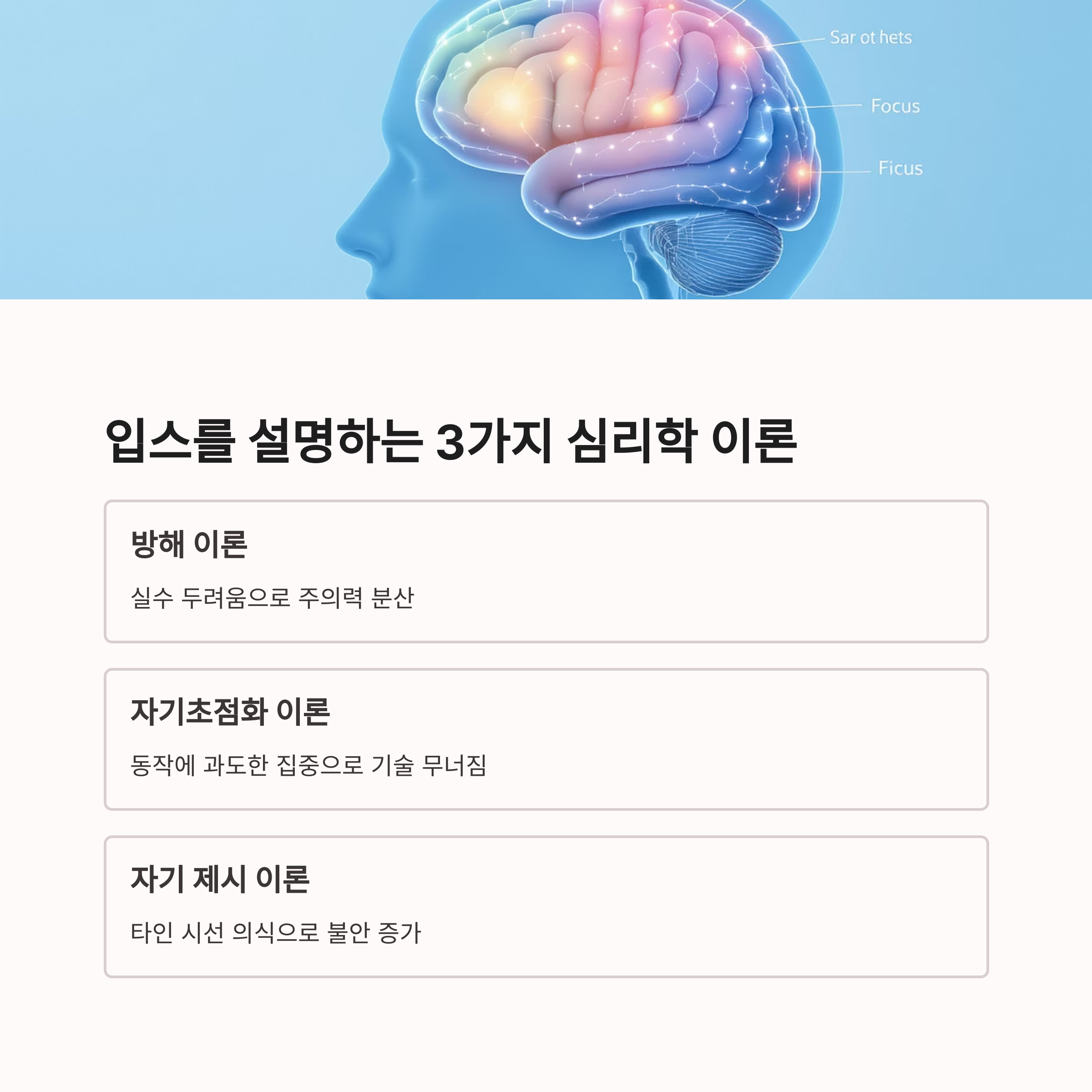 입스를 설명하는 3가지 심리학 이론(방해 이론, 자기초점화 이론, 자기 제시 이론)을 시각적으로 정리한 인포그래픽 이미지