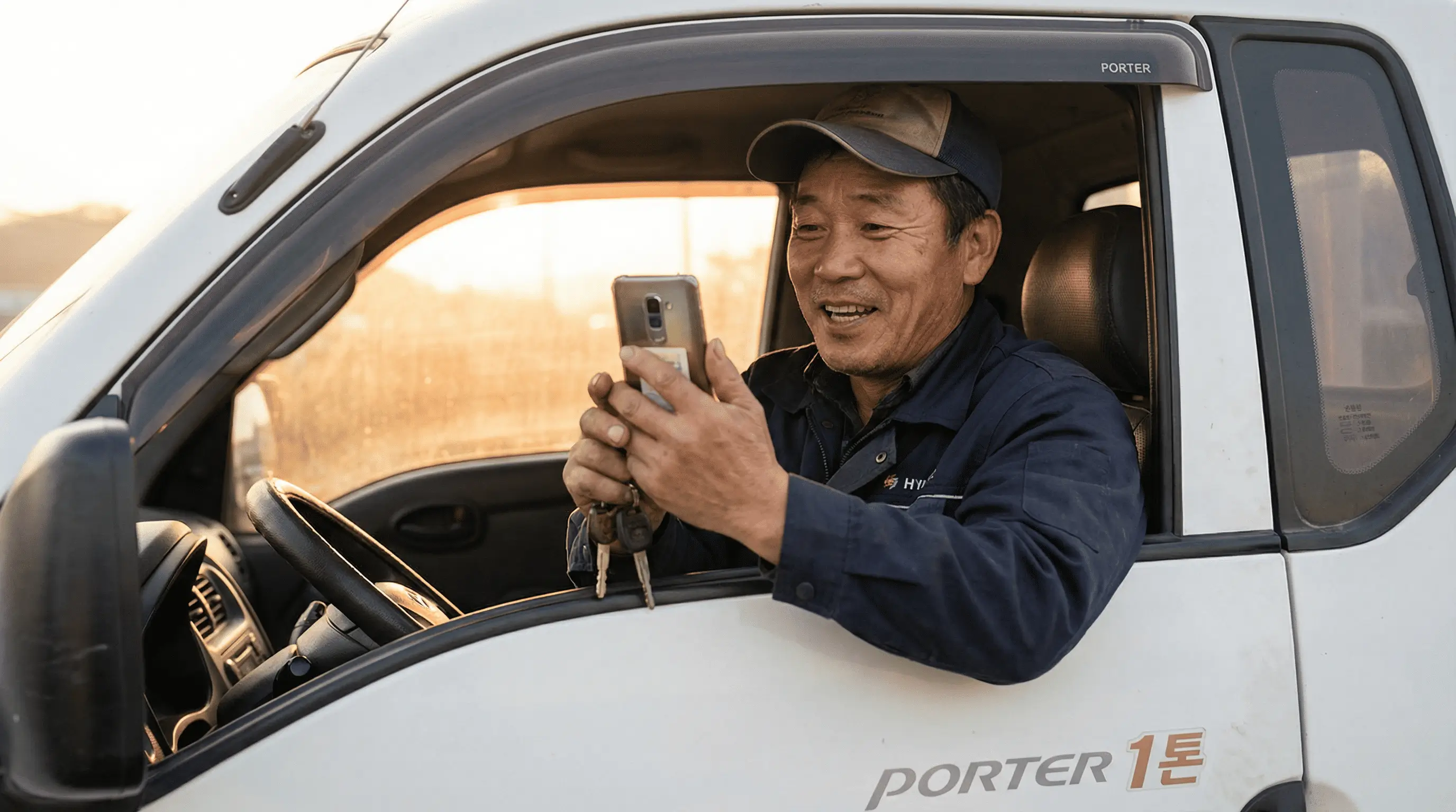 1톤 트럭 운전자가 스마트폰으로 지원금 조회를 하며 기뻐하는 모습, 희망적인 분위기