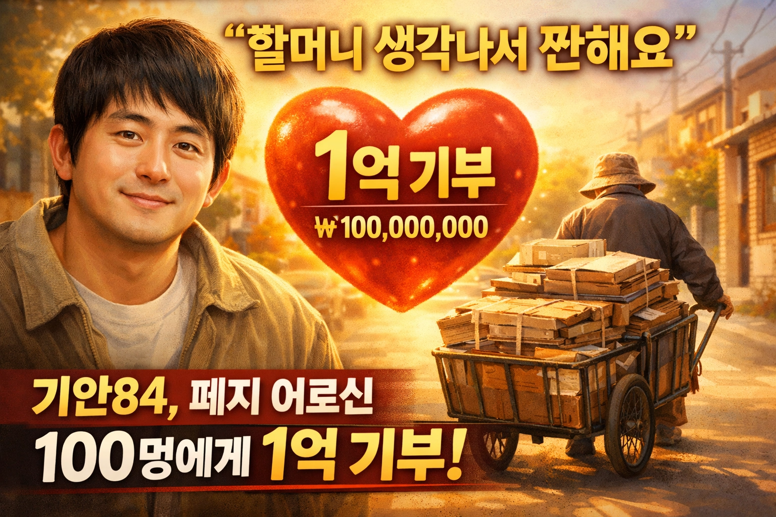 기안84가 환하게 웃으며 폐지를 줍는 할머니의 손을 꼭 잡고 100만 원 기부금을 전달하는 모습. 할머니의 카트에는 폐지가 가득 쌓여 있고, 배경으로는 서대문구청 로고와 함께 '1억 기부', '폐지 줍는 노인 100명', '미담 터졌다'라는 문구가 세련되게 배치되어 있다