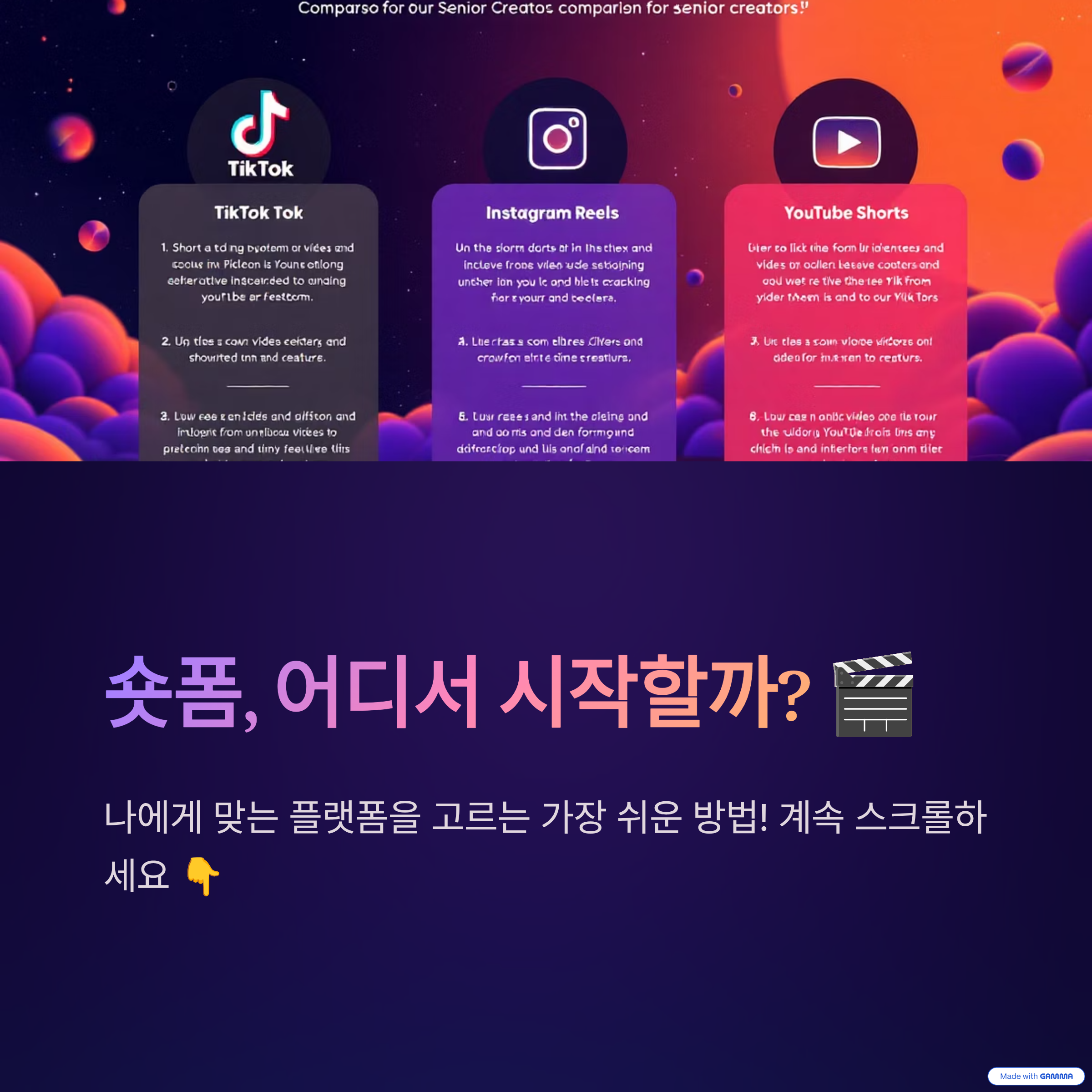 숏폼 플랫폼별 특징을 정리한 표. 틱톡, 릴스, 쇼츠의 주요 특징, 장점, 그리고 시니어 크리에이터에게 맞는 점을 한눈에 볼 수 있도록 도식화한 이미지