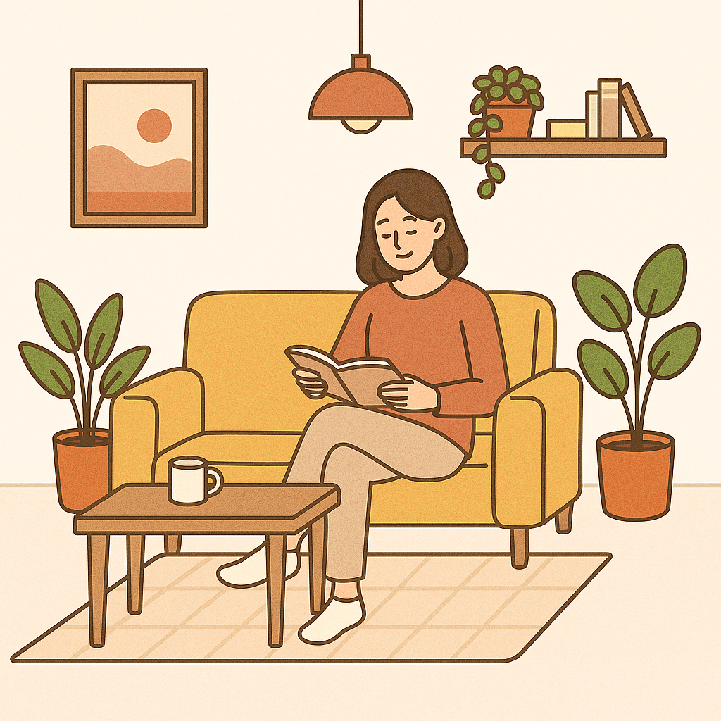 2030 가성비 인테리어로 꾸민 힐링 공간, 거실 소파에 앉아 책 읽는 여성 이미지