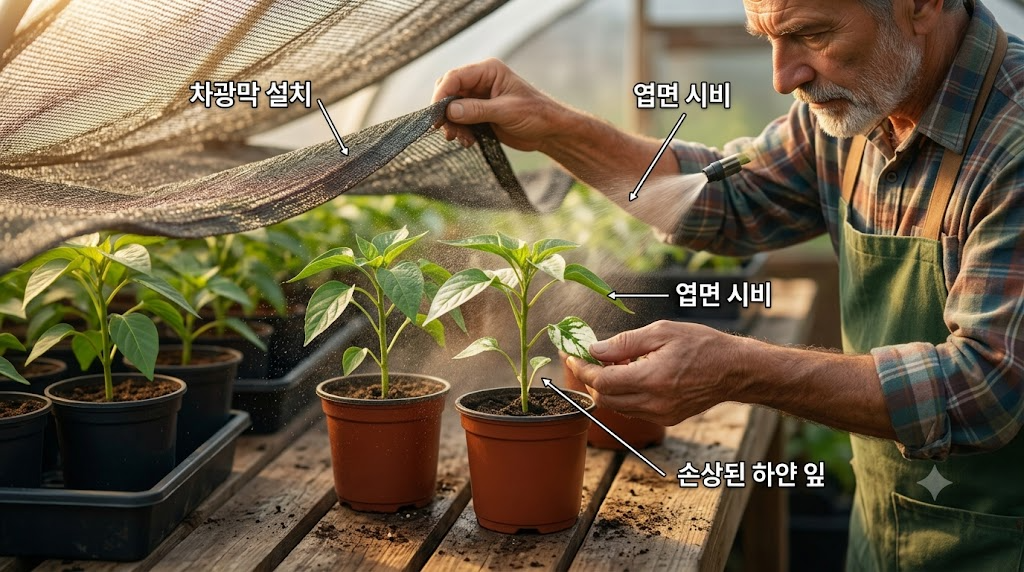 손상된 하얀 잎을 가진 고추 모종에 차광막을 드리우고 회복을 위한 엽면 시비를 세심하게 진행하는 텃밭 관리 모습