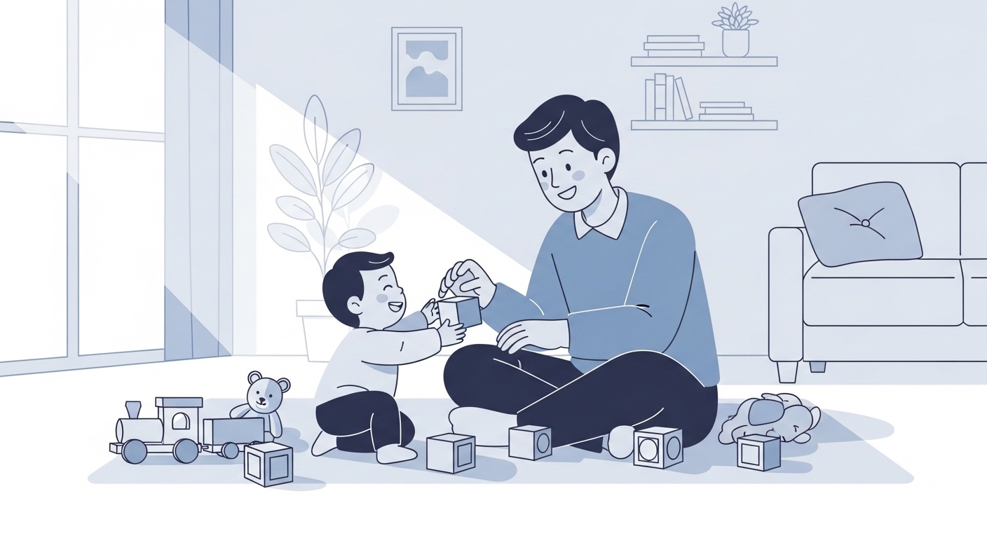 집에서 아이와 함께 즐거운 시간을 보내며 놀아주는 부모의 모습. 육아휴직의 소중한 순간과 가정의 행복을 표현합니다.