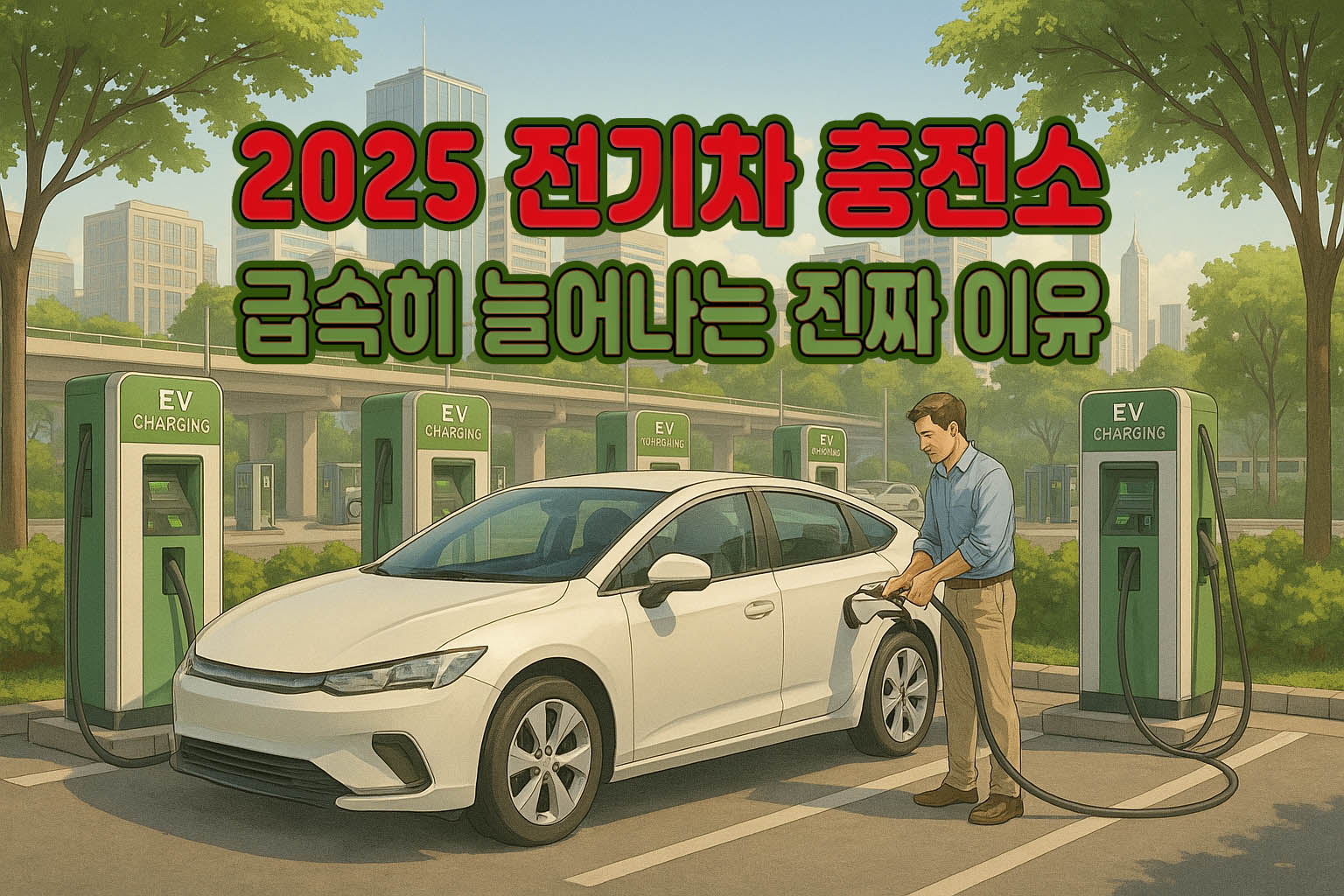 2025 전기차 충전소 증가 이유를 설명하는 대표 이미지로, 도시 배경의 충전소에서 전기차를 충전하는 남성 모습을 그린 일러스트