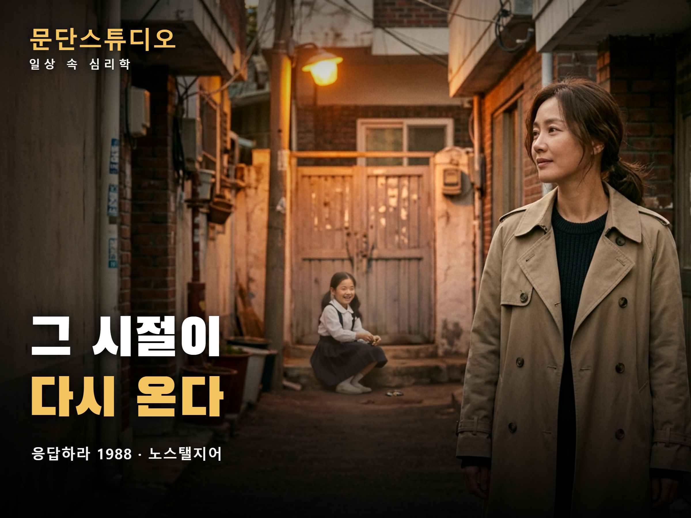 골목에서 뒤돌아보는 성인과 어린 시절 자신의 모습, 응답하라 1988로 보는 노스탤지어 심리