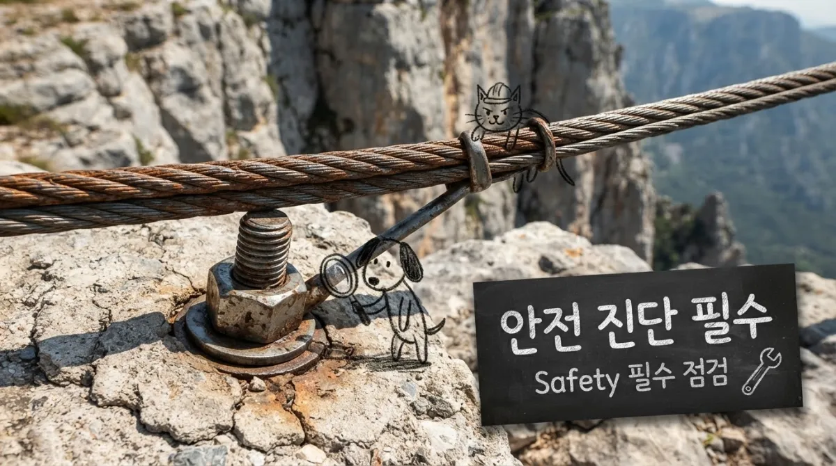 출렁다리의 안전을 지탱해 주는 두꺼운 쇠줄과 고정 장치 이미지
