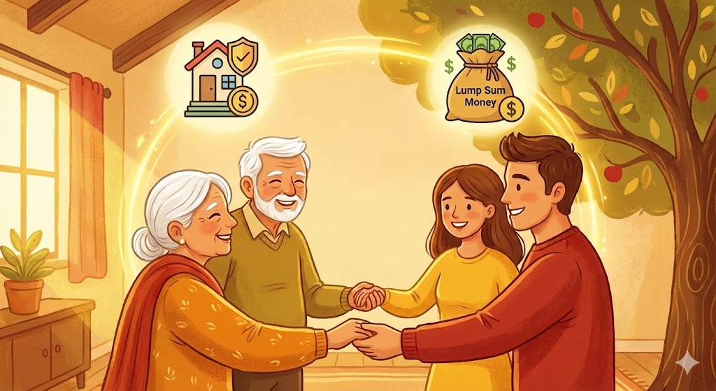 부모와 자녀가 손을 맞잡고 있는 따뜻한 일러스트. 부모 쪽에는 '생활비 해결', 자녀 쪽에는 '목돈 상속'이라는 말풍선이 떠 있음
