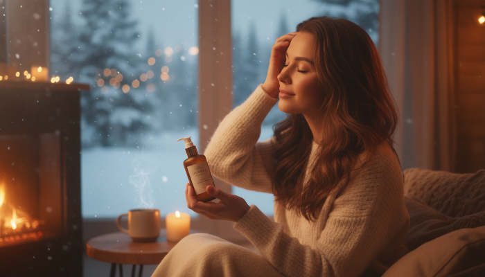 창밖으로 눈 쌓인 풍경이 보이는 따뜻한 실내에서 건강하고 윤기나는 머릿결을 가진 사람이 두피를 마사지하는 모습