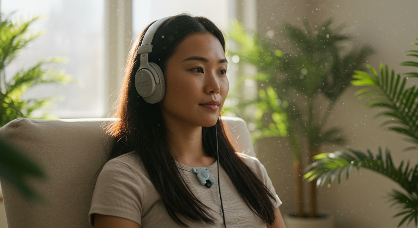 뇌파 측정기와 헤드폰을 착용한 사람의 차분한 이미지