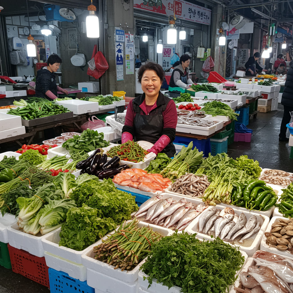 신선한 과일과 채소가 진열된 전통시장의 모습