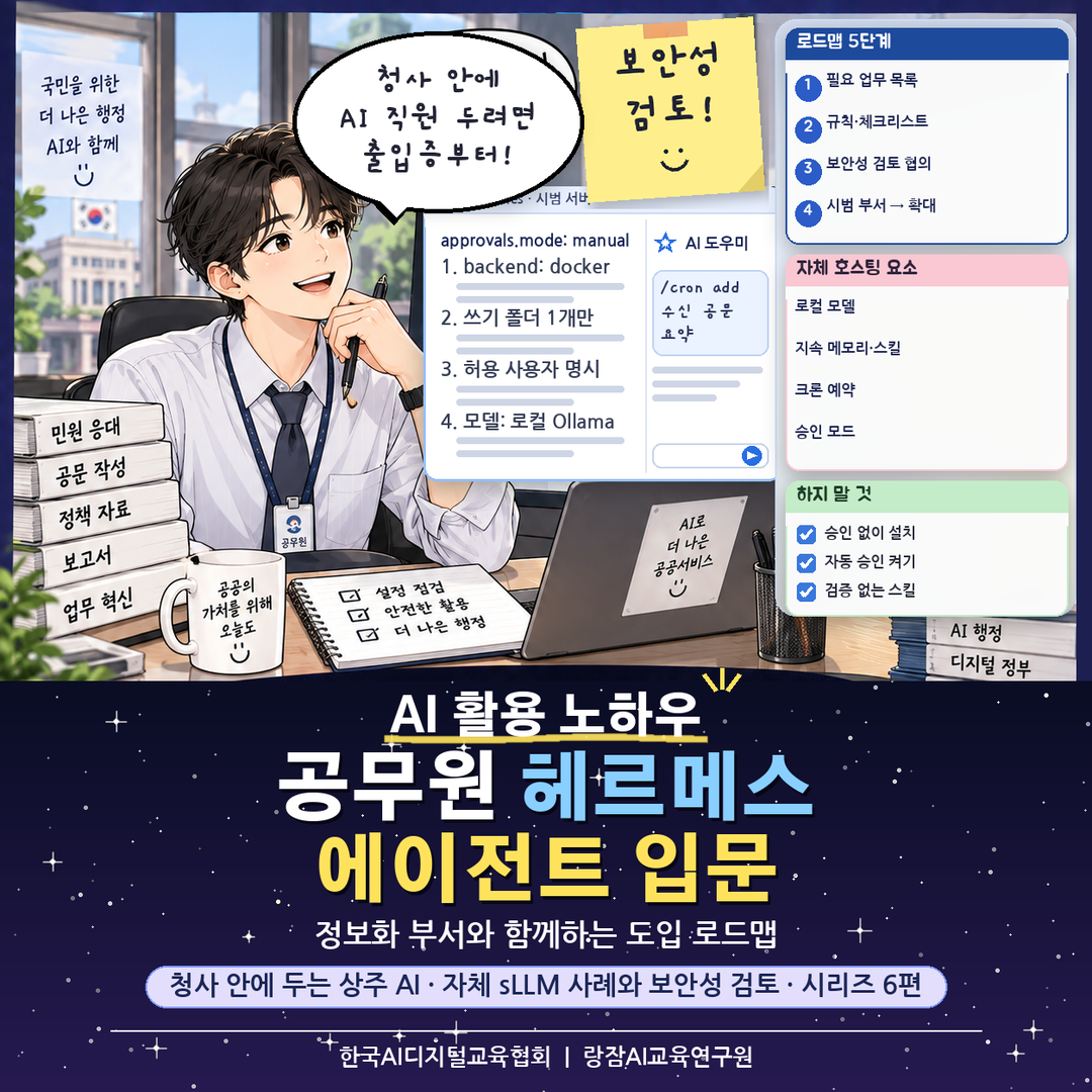 지자체 공직자를 위한 청사 안 상주 AI 입문 대표 이미지 &mdash; 자체 호스팅, 지자체 sLLM 사례, 보안성 검토 로드맵, AI 강사 강성희 시리즈 6편