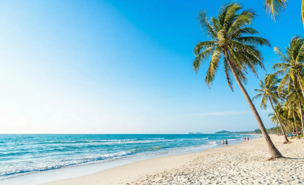 야자수와 어우러진 푸른 바다와 하얀 모래사장이 펼쳐진 미케비치의 평화로운 풍경