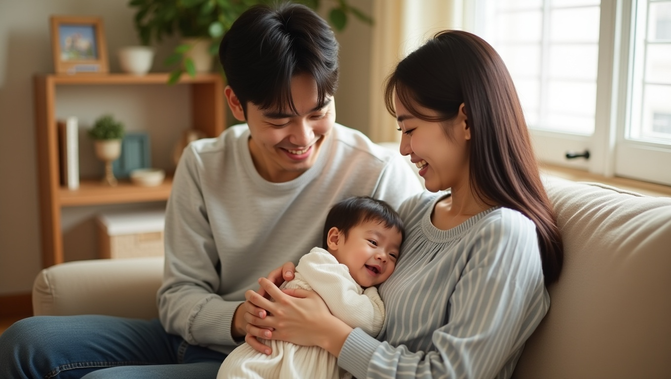 세 가족이 소파에 앉아 다정다감하게 웃고 있는 모습