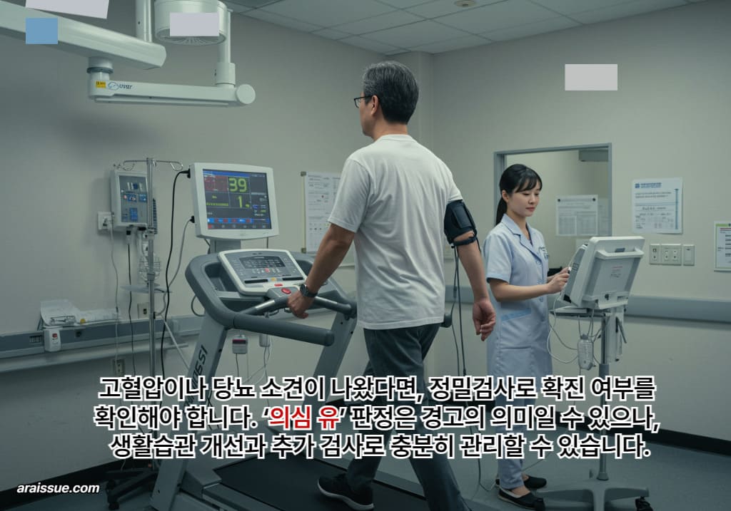 고혈압이나 당뇨 소견이 나왔다면, 정밀검사로 확진 여부를 확인해야 합니다. ‘의심 유’ 판정은 경고의 의미일 수 있으나, 생활습관 개선과 추가 검사로 충분히 관리할 수 있습니다.