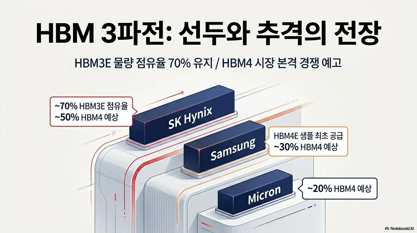 SK하이닉스 주가 전망: HBM 3파전 구도를 정리한 이미지. SK하이닉스 HBM3E 점유율 약 70%·HBM4 약 50% 예상, 삼성전자 HBM4E 샘플 최초 공급·HBM4 약 30%, 마이크론 약 20%를 시각적으로 전달하며, 블로그 본문의 HBM 경쟁 구도 내용을 설명함.