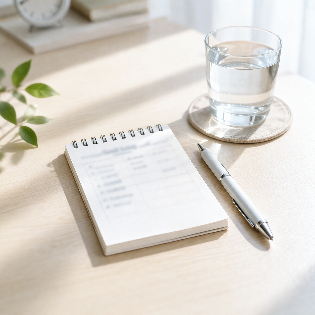 알레르기 비염 증상 기록과 생활 관리를 상징하는 메모와 물컵 정물