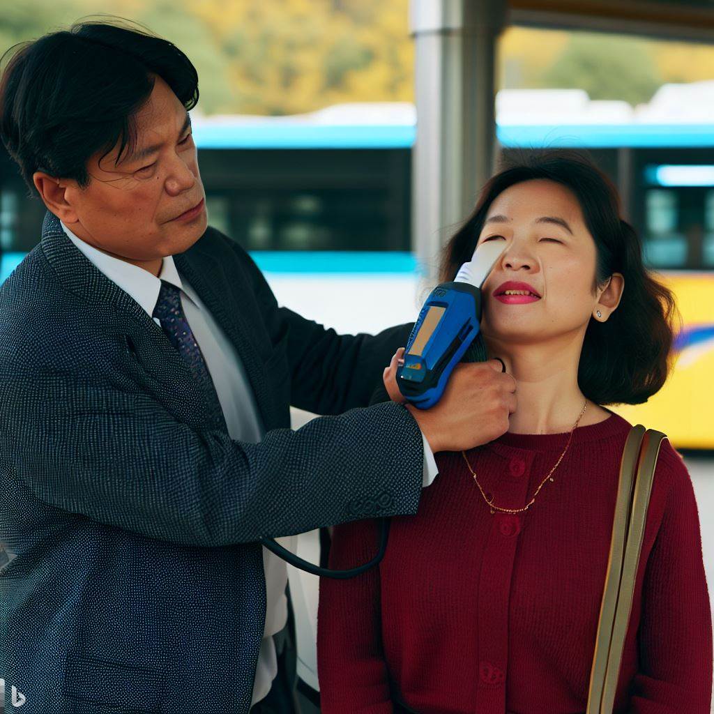 전자충격기를 여성에 목에 대는 남성 사진